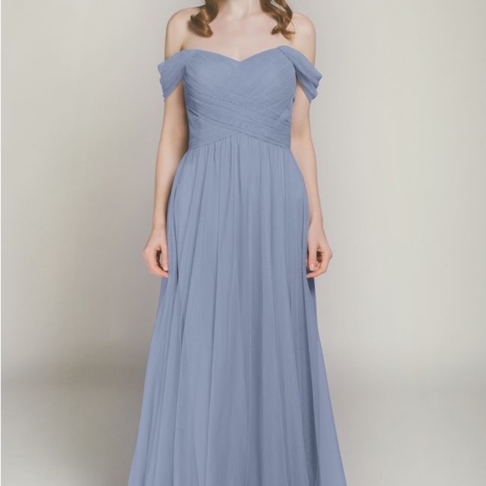 Long Off Shoulder Tulle Bridesmaid Dress (Dusty Blue)